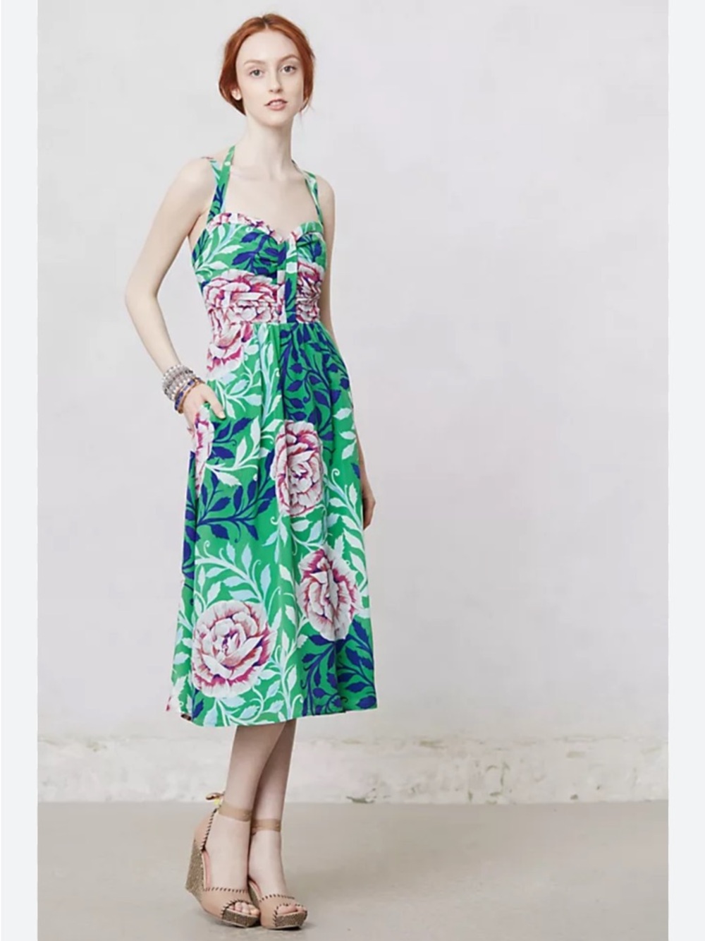 Moulinette Soeurs Rosamund Silk Floral Sleeveless Halter Midi Dress